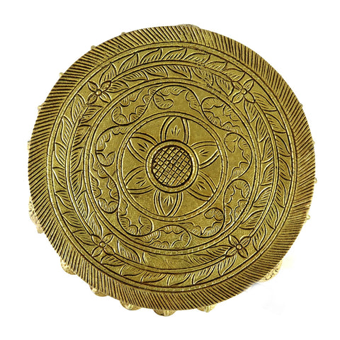 Elephant Pillar Design Handcrafted 6 Inches Brass Pooja Chowki with Bells, Pooja Chowki for Home Temple, Chowki for God Idols, Ethnic Deco (Design 23)