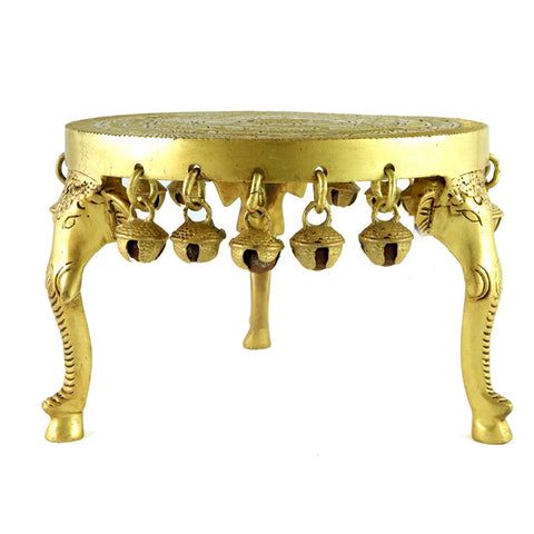 Elephant Pillar Design Handcrafted 6 Inches Brass Pooja Chowki with Bells, Pooja Chowki for Home Temple, Chowki for God Idols, Ethnic Deco (Design 23)
