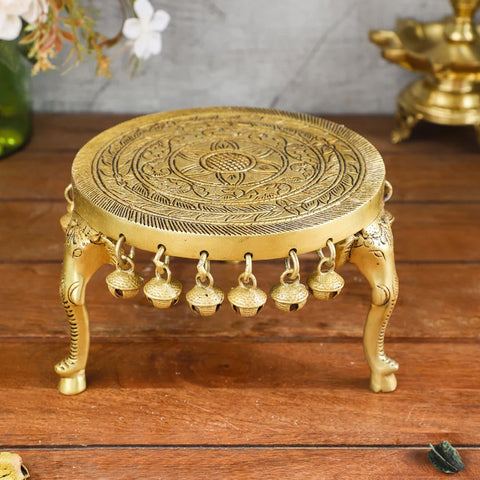 Elephant Pillar Design Handcrafted 6 Inches Brass Pooja Chowki with Bells, Pooja Chowki for Home Temple, Chowki for God Idols, Ethnic Deco (Design 23)