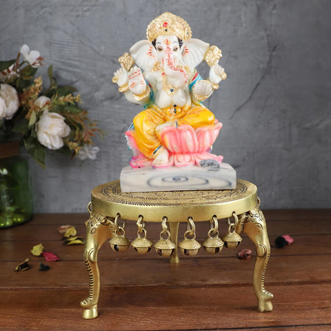 Elephant Pillar Design Handcrafted 6 Inches Brass Pooja Chowki with Bells, Pooja Chowki for Home Temple, Chowki for God Idols, Ethnic Deco (Design 23)