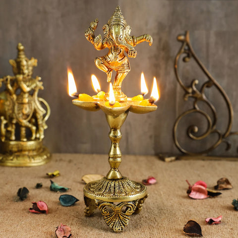 Dancing Ganesha Over Ethnic Stand Five Oil Wick Brass Diya, Indian Decor Diya, Brass Oil Lamp, Diya for Home Decor, Indian Homeware (Design 24)