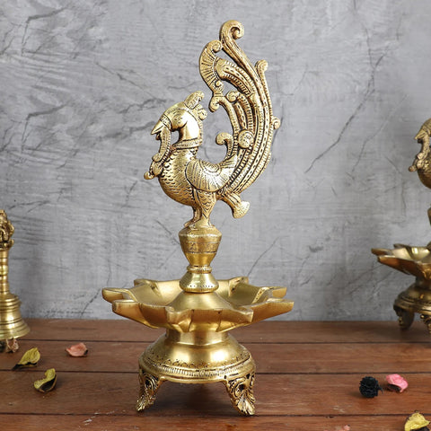 Peacock Design 9 Oil Wick Brass Diya 11 Inches, Home Decor, Brass Oil Diya Lamp, Handmade Lamp, Indian Decor Diya (Design 29)