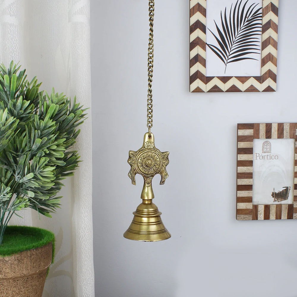 Shankh Chakra Design Brass Hanging Bell, Chain for Home Temple, Door ...