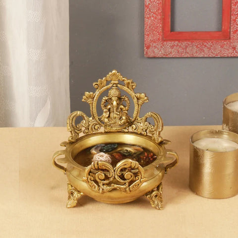 Brass Ganesha Urli, Brass Urli Bowl, Ethnic Carved Ganesha Design 7 Inches Brass Decor Urli Decor Bowl, Decorative Urli for Corner Tables (Design 28)