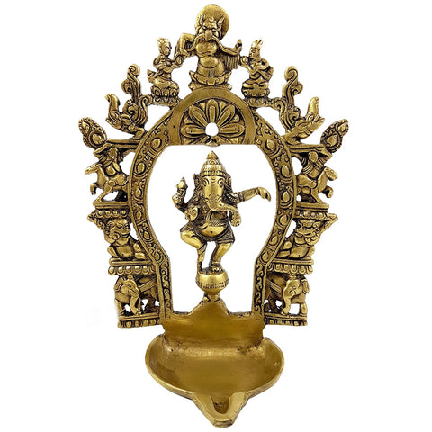 Brass Wall Hanging Diya, Ethnic Indian Carving Brass Dancing Ganesha Diya with Prabhavali Frame, Indian Home Decor, Ganesha Hanging Diya (Design 17)