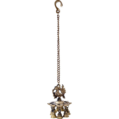 Peacock Design Brass Hanging Diya with Bells Handmade Lamp (Design 7)