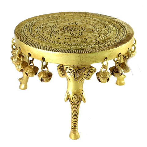 Elephant Pillar Design Handcrafted 6 Inches Brass Pooja Chowki with Bells, Pooja Chowki for Home Temple, Chowki for God Idols, Ethnic Deco (Design 23)