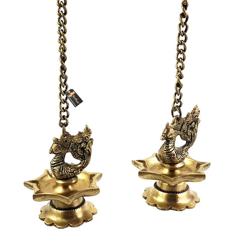 Brass Peacock Carved Hanging Diya Set, Brass Indian Diya Lamp, Brass Decorative Diya (Design 22)