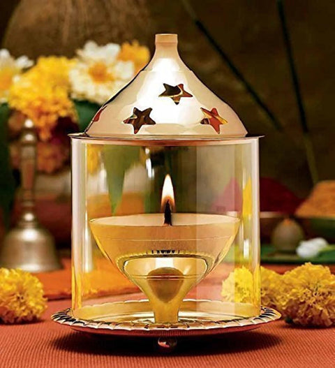 Brass Diya with Glass, Brass Ethnic Indian Set, Oil Diya Lamp, Handmade Lamp, Brass Diya Set for Home Temple (Design 59)