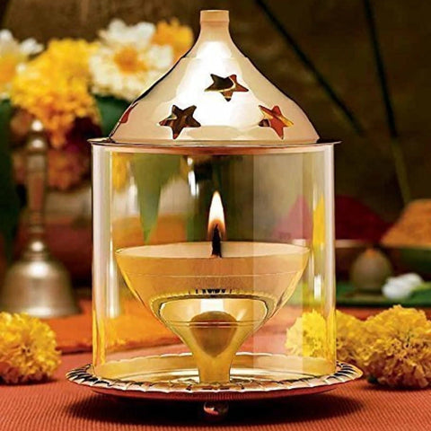 Brass Diya with Glass, Brass Ethnic Indian Set, Oil Diya Lamp, Handmade Lamp, Brass Diya Set for Home Temple (Design 59)
