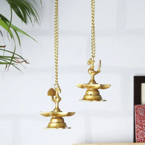 Brass Peacock Hanging Diya Set, Brass Indian Diya Lamp, Brass Decorative Diya Pair (Design 4)