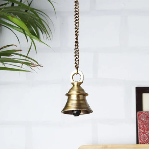 Brass Hanging Bell with Chain, Chain for Home Temple, Door, Hallway, Porch Or Balcony; Unique Decor Gift Chain Length 15 inches (Design 19)