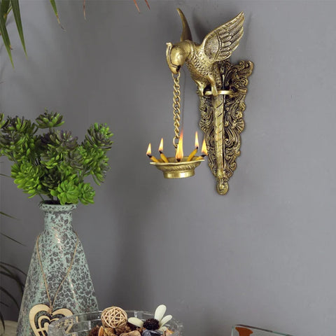 Parrot Design Wall Hanging Diya, Indian Decor Diya, Brass Oil Lamp, Hanging Diya for Home Decor (Design 26)