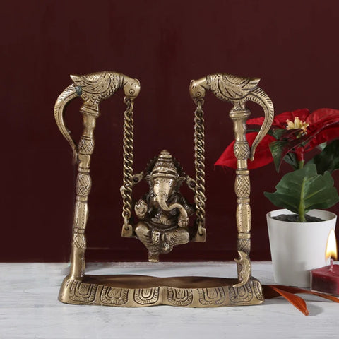 Ganesha on Jhoola Swing Brass Showpiece, Showpieces for Home Decor, Indian Art Showpieces, Indian Decor Art (Design 20)