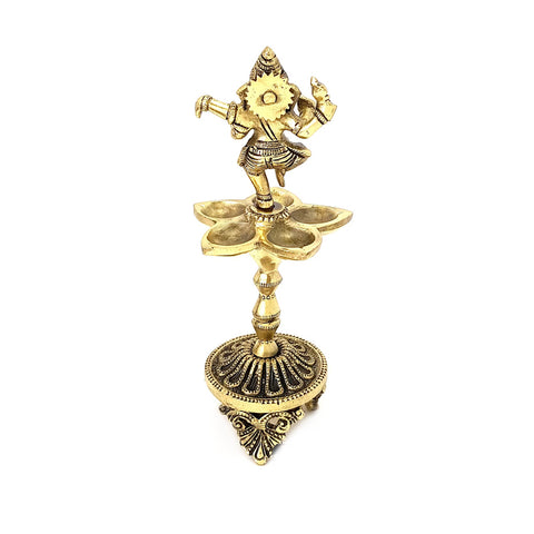 Dancing Ganesha Over Ethnic Legs Five Oil Wick Brass Diya, Indian Decor Diya, Brass Oil Lamp, Diya for Home Decor (Design 31)