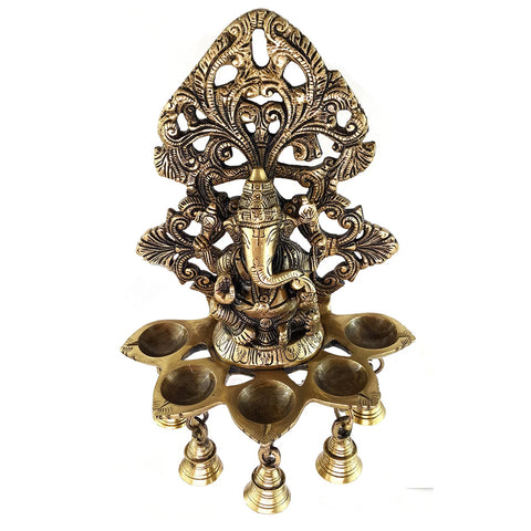 Panchdeep Ganesha Carving Hanging Brass Diya with Bells, Indian Decor Diya, Pooja Decor, Brass Oil Lamp, Handmade Lamp (Design 30)