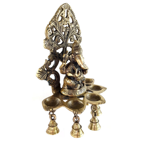 Panchdeep Ganesha Carving Hanging Brass Diya with Bells, Indian Decor Diya, Pooja Decor, Brass Oil Lamp, Handmade Lamp (Design 30)