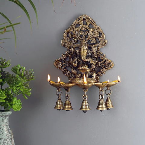 Panchdeep Ganesha Carving Hanging Brass Diya with Bells, Indian Decor Diya, Pooja Decor, Brass Oil Lamp, Handmade Lamp (Design 30)