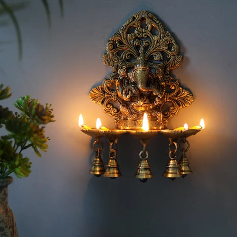 Panchdeep Ganesha Carving Hanging Brass Diya with Bells, Indian Decor Diya, Pooja Decor, Brass Oil Lamp, Handmade Lamp (Design 30)