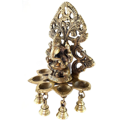 Panchdeep Ganesha Carving Hanging Brass Diya with Bells, Indian Decor Diya, Pooja Decor, Brass Oil Lamp, Handmade Lamp (Design 30)