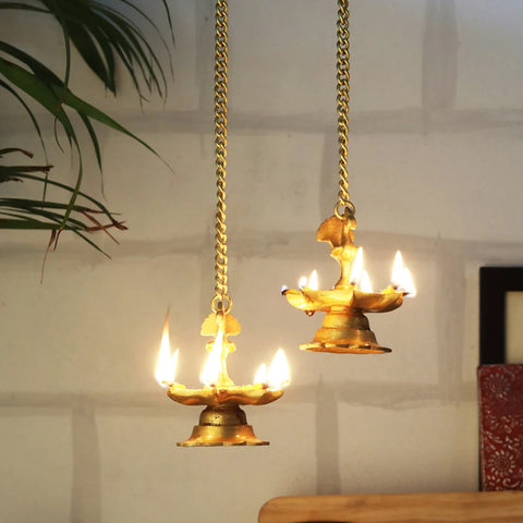 Brass Peacock Hanging Diya Set, Brass Indian Diya Lamp, Brass Decorative Diya Pair (Design 4)