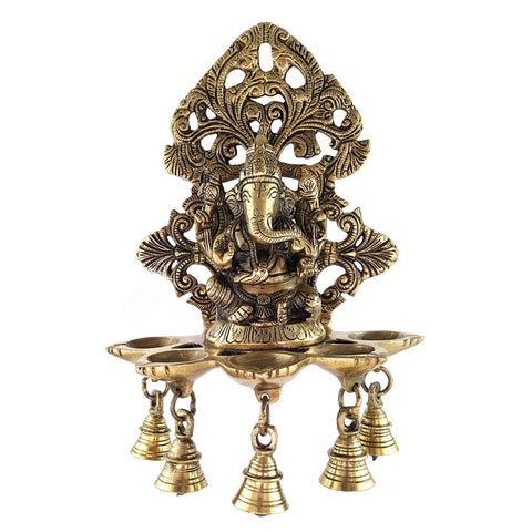 Panchdeep Ganesha Carving Hanging Brass Diya with Bells, Indian Decor Diya, Pooja Decor, Brass Oil Lamp, Handmade Lamp (Design 30)