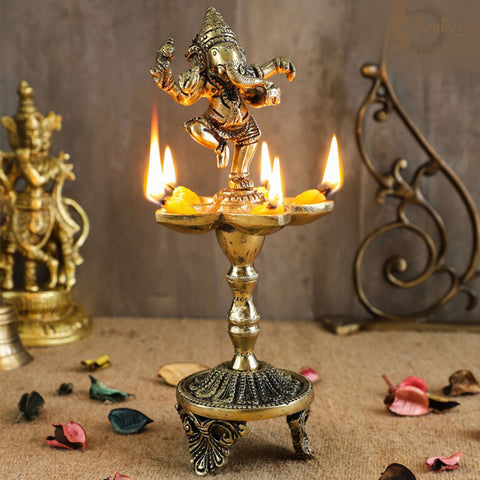 Dancing Ganesha Over Ethnic Legs Five Oil Wick Brass Diya, Indian Decor Diya, Brass Oil Lamp, Diya for Home Decor (Design 31)