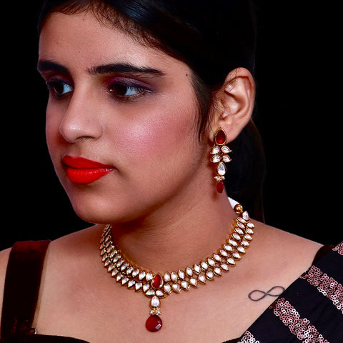 Designer Gold Plated Royal Kundan & Ruby Necklace with Earrings (D508)