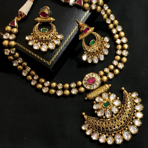 Ruby and Emerald Gold Plated Designer Kundan Necklace Set - PAAIE