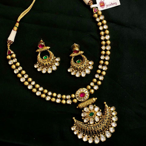 Ruby and Emerald Gold Plated Designer Kundan Necklace Set - PAAIE