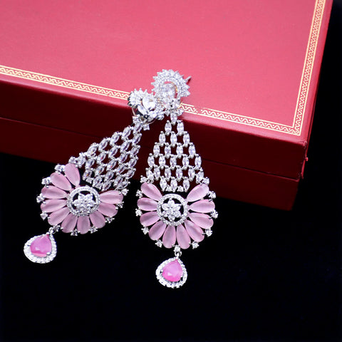 Pink Stone Silver American Diamond Contemporary Earrings (E70) - PAAIE