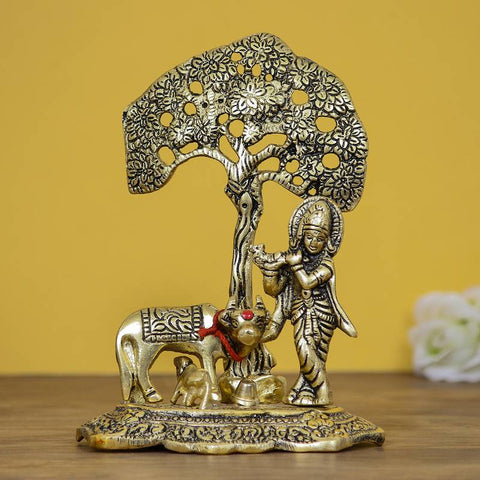 Lord Krishna Playing Flute Under Tree With Golden Cow And Calf Showpiece (D3)