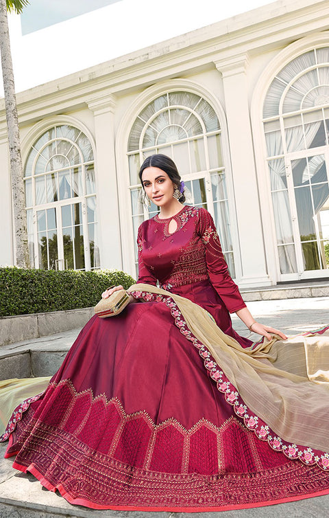 Traditional Designer Gown with Dupatta In Modern Style (Mehroon) (K48) - PAAIE