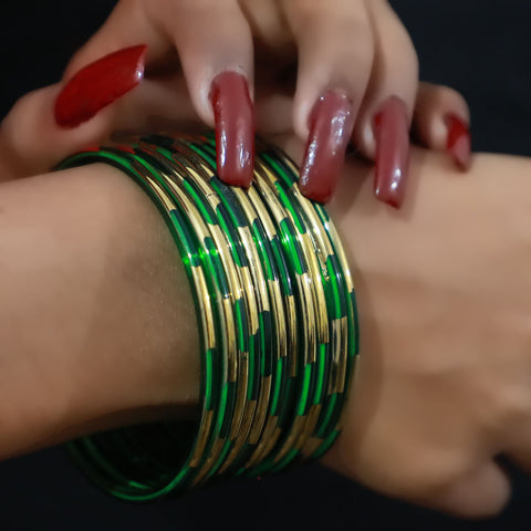 Marvellous Glass Bangles Set in Green & Gold Lines for Girls & Women (Design 64) - PAAIE