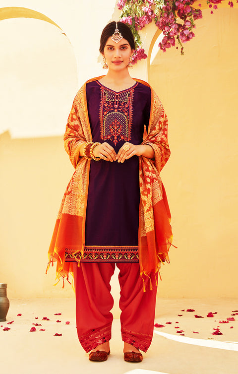Silk Cotton Suit With Patiala Salwar and Fancy Dupatta in Purple Color (K55) - PAAIE