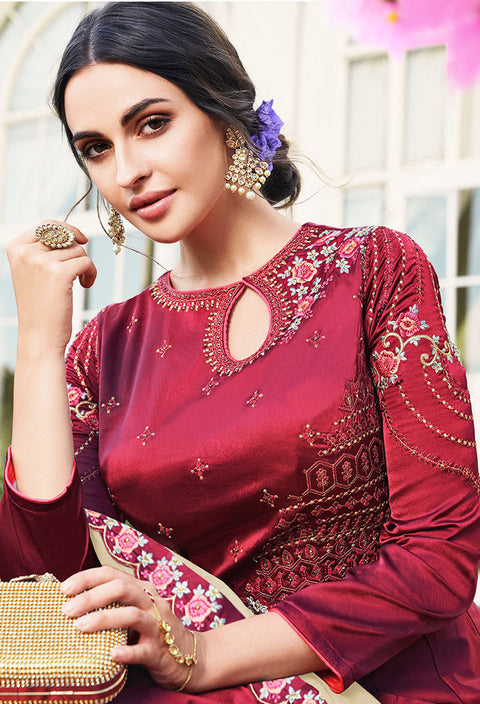 Traditional Designer Gown with Dupatta In Modern Style (Mehroon) (K48) - PAAIE