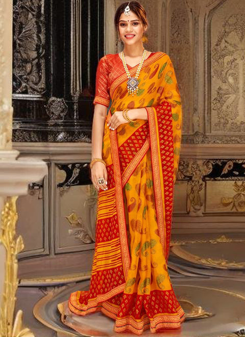 Designer Yellow/Red Chiffon Printed Saree for Casual Wear (D466)