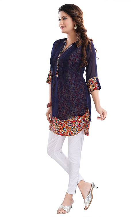 Gorgeous Red & Navy Blue Color Indian Ethnic Kurti For Casual Wear (K528)
