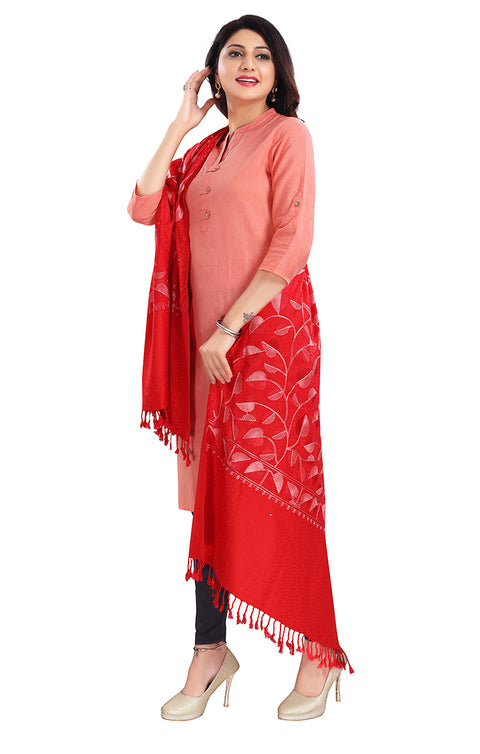 Fashionable Women's Red Stole With Embroidery Work For Casual, Party Wear (D2)