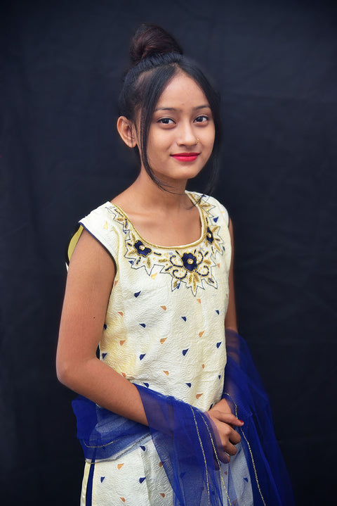 Girls' White Blue Embroidery and Thread work Kurti and Sharara With Dupatta - PAAIE