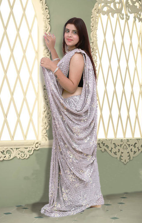 Designer Gray Color Sequins Net Saree For Party Wear (D616)
