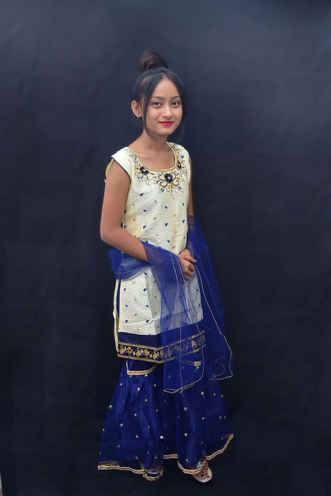 Girls' White Blue Embroidery and Thread work Kurti and Sharara With Dupatta - PAAIE