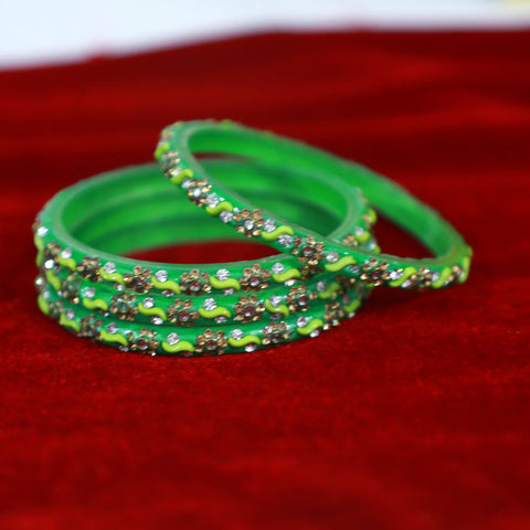 Astounding Green Glass Bangles Set with Stone Work for Girls & Women (Design 46) - PAAIE